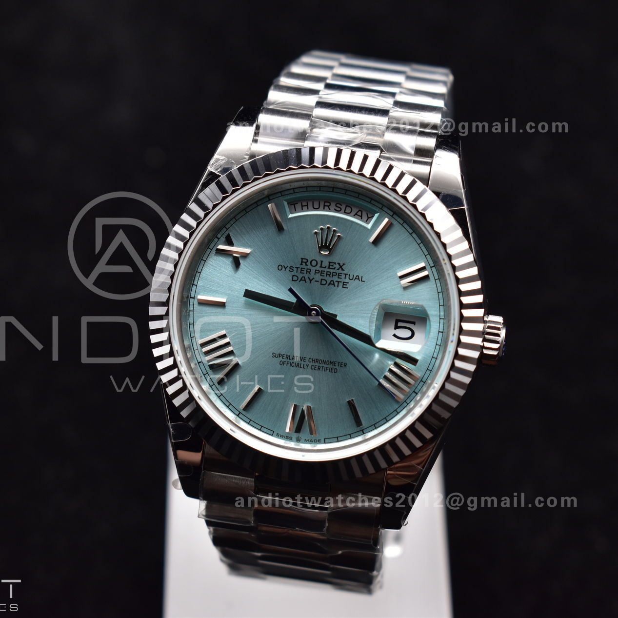 DayDate 40 SS GMF 904L Steel Iced Blue Dial Roman Markers On President Bracelet A3255 V2